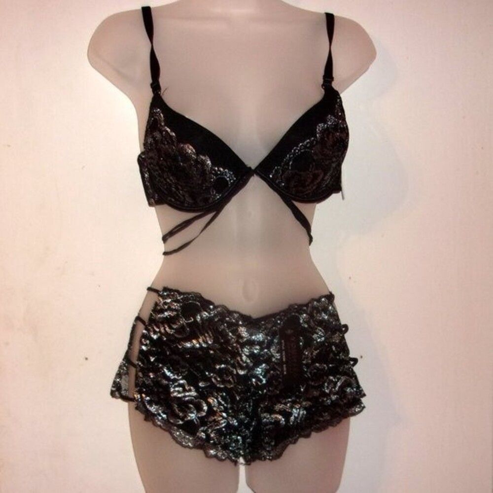 Youmita 36C Black Metallic Lace Bra & Large Caged Coordinating Boyshort NWT